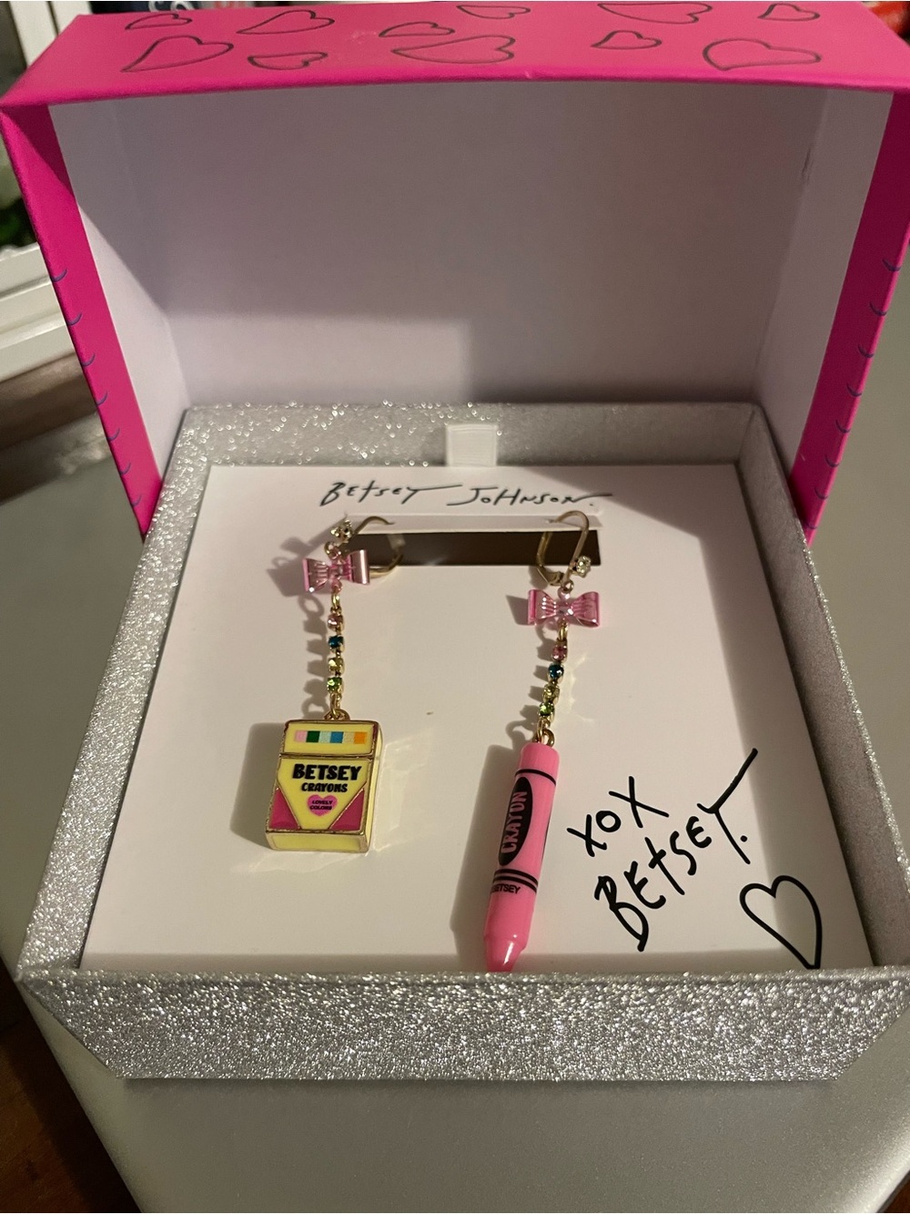 Betsey Johnson Pink & Yellow Crayon Box Mismatched Dangle Earrings